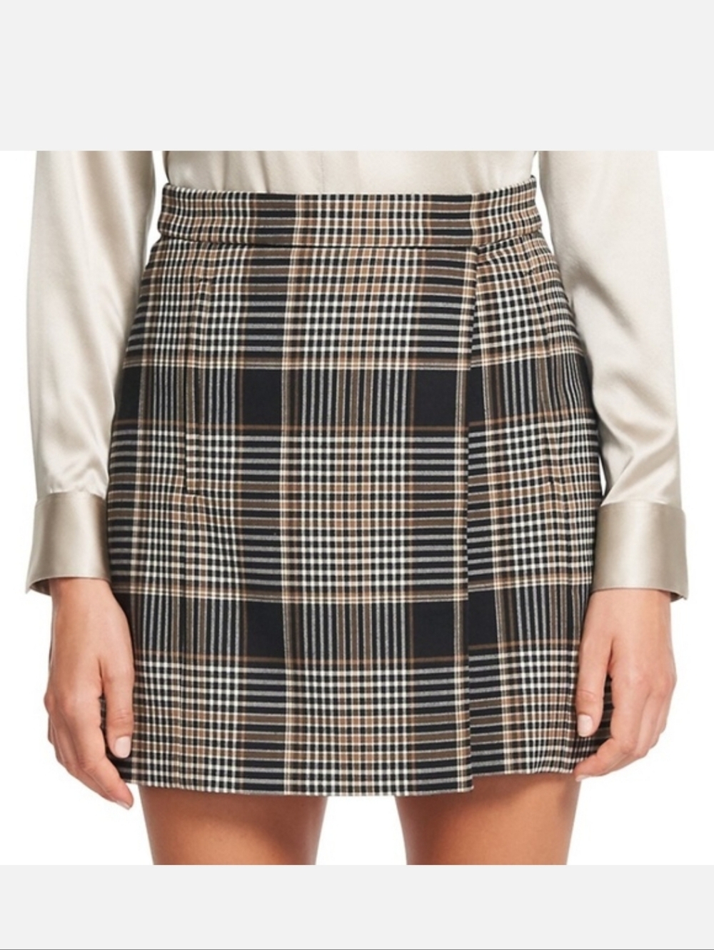 Theory Plaid Black brown  Virgen Wool Blend Wrap Mini Skirt Sz 2